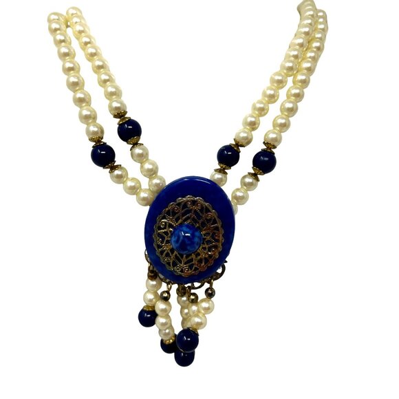 Handmade Statement Necklace Faux Pearl Blue Pendant Gold Tone Accents - Picture 10 of 10